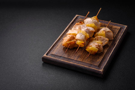 Delicious chicken or turkey kebab with pineapple pieces on skewers with salt, spices and herbs on a dark concrete backgroundの写真素材
