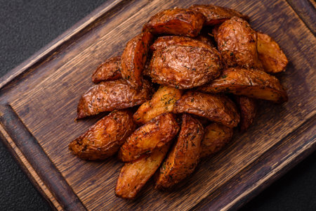 Delicious crispy potato wedges with garlic, salt, spices and herbs on a dark concrete backgroundの写真素材