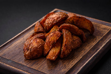 Delicious crispy potato wedges with garlic, salt, spices and herbs on a dark concrete backgroundの写真素材