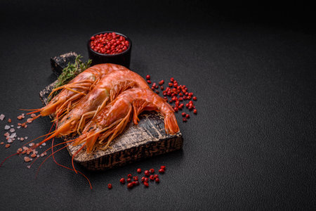 Tiger shrimp or langoustine boiled with spices and salt on a dark concrete backgroundの写真素材