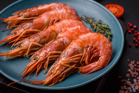 Tiger shrimp or langoustine boiled with spices and salt on a dark concrete backgroundの写真素材
