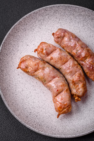 Delicious juicy grilled chicken or pork sausages with salt, spices and herbs on a dark concrete backgroundの写真素材
