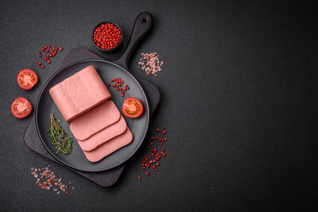 Delicious canned pink ham with salt, spices and herbs on a dark concrete backgroundの写真素材