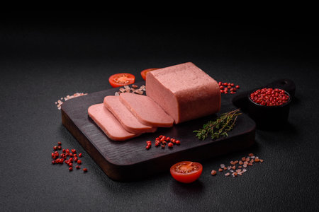 Delicious canned pink ham with salt, spices and herbs on a dark concrete backgroundの写真素材