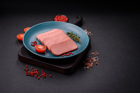 Delicious canned pink ham with salt, spices and herbs on a dark concrete backgroundの写真素材
