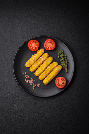 Delicious crispy cheese sticks with mozzarella, salt and spices, breaded and fried in oil. Fast food, takeawayの写真素材