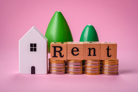 Small wooden house and the description for rent. Concept for sale, rental of real estate for a family. Real estate agency, sale of new houses and apartmentsの写真素材