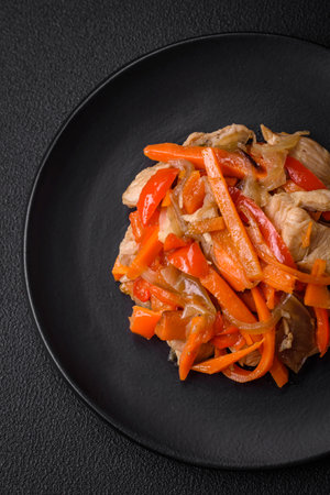 Delicious fresh stew with chicken or turkey with slices of sweet pepper and carrots with salt and spices on a dark concrete backgroundの写真素材