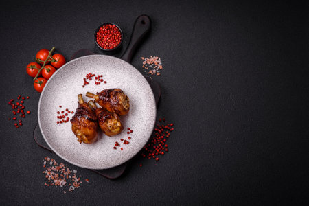 Delicious grilled chicken legs with spices and herbs in teriyaki sauce on a dark concrete backgroundの写真素材