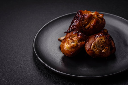 Delicious grilled chicken legs with spices and herbs in teriyaki sauce on a dark concrete backgroundの写真素材