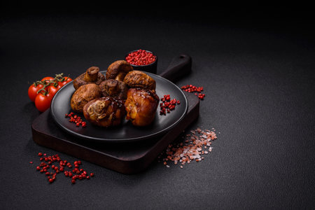 Delicious grilled chicken legs with spices and herbs in teriyaki sauce on a dark concrete backgroundの写真素材