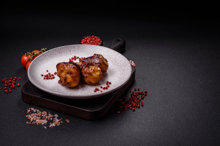 Delicious grilled chicken legs with spices and herbs in teriyaki sauce on a dark concrete backgroundの写真素材