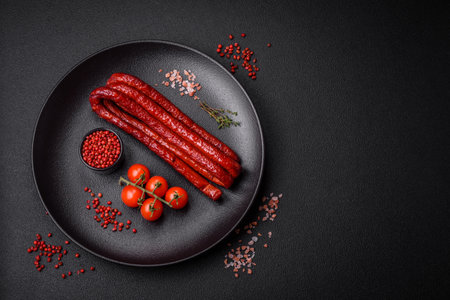 Delicious thin smoked hunting sausages with salt, spices and herbs on a dark concrete backgroundの写真素材