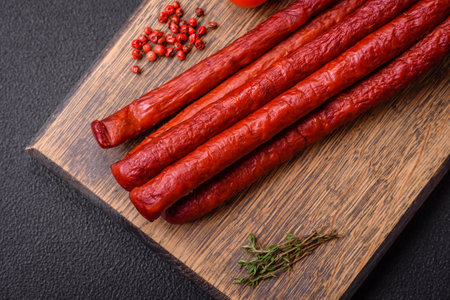 Delicious thin smoked hunting sausages with salt, spices and herbs on a dark concrete backgroundの写真素材