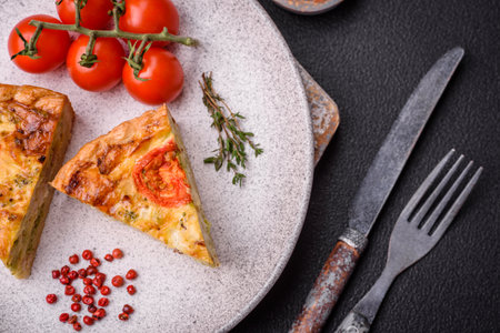 Delicious quiche with tomato, cheese, chicken, spices and herbs on a dark concrete backgroundの写真素材