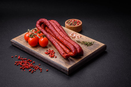 Delicious thin smoked hunting sausages with salt, spices and herbs on a dark concrete background
