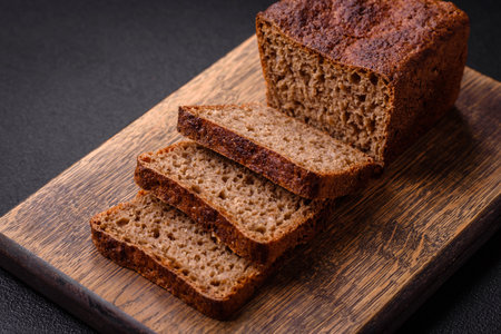 Delicious fresh crispy brown bread with seeds and grains on a dark concrete background