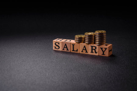The inscription Salary made of wooden cubes on a plain background. Can be used for your designの写真素材
