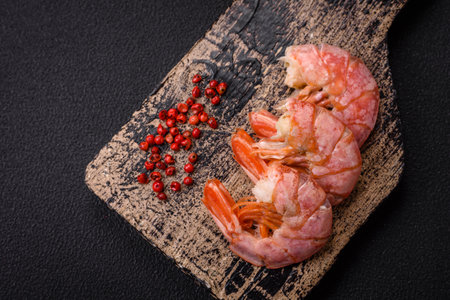 Delicious shrimp or langoustine tails boiled with salt and spices on a dark concrete backgroundの写真素材