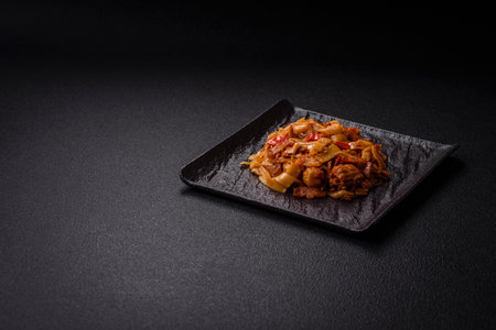 Delicious asian udon dish with vegetables, mushrooms, salt and spices on a ceramic plate on a dark...