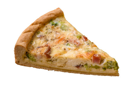 Delicious quiche with broccoli, cheese, chicken, spices and herbs on a dark concrete backgroundの写真素材