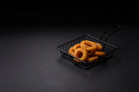 Delicious nutritious squid or onion rings deep fried with salt and spices on a dark concrete...