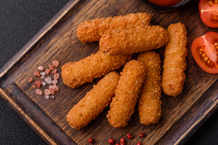 Delicious crispy cheese sticks with mozzarella, salt and spices, breaded and fried in oil. Fast...