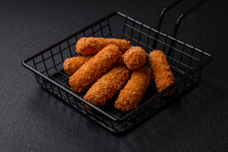 Delicious crispy cheese sticks with mozzarella, salt and spices, breaded and fried in oil. Fast food, takeawayの写真素材