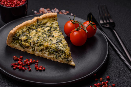 Delicious crispy quiche cut into slices with cheese, broccoli, tomatoes, salt, spices and herbs on a dark concrete backgroundの写真素材