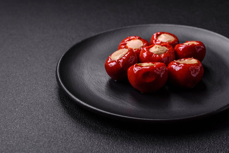 Red bell peppers stuffed with cheese or meat with salt, spices and herbs on a ceramic plateの写真素材
