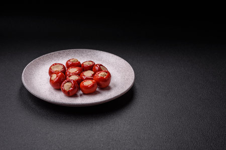 Red bell peppers stuffed with cheese or meat with salt, spices and herbs on a ceramic plateの写真素材