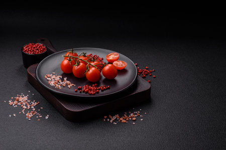 A branch of raw cherry tomatoes with salt and spices on a dark background. Ingredients for cooking at homeの写真素材