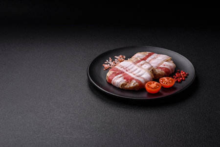 Round minced chicken or pork cutlet wrapped in bacon with salt, spices and herbs on a dark concrete...