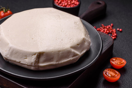 Delicious fresh white young cheese from cow's or sheep's milk on a dark concrete background