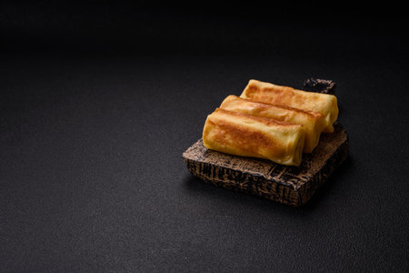 Delicious fried pancakes with filling rolled on a dark concrete background. Delicious nutritious...