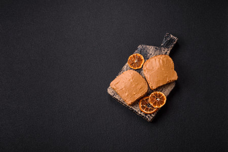 Delicious hearty sandwich with toast bread and peanut butter on a textured concrete backgroundの写真素材