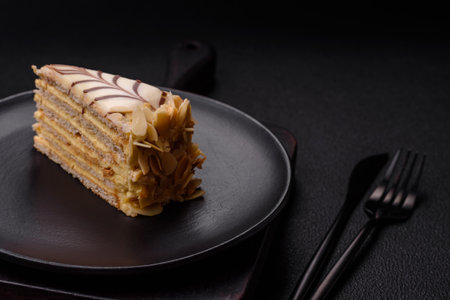 Piece of delicious sweet esterhazy cake with nuts and cream on a dark concrete backgroundの写真素材