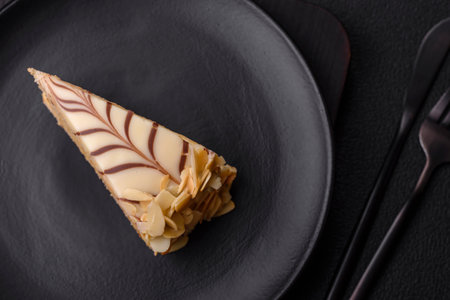 Piece of delicious sweet esterhazy cake with nuts and cream on a dark concrete backgroundの写真素材