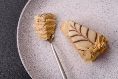 Piece of delicious sweet esterhazy cake with nuts and cream on a dark concrete backgroundの写真素材