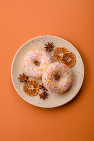 Delicious sweet bright donuts with cream on a plain background. Holiday table attributeの写真素材