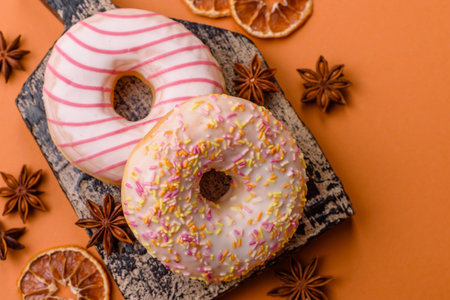 Delicious sweet bright donuts with cream on a plain background. Holiday table attributeの写真素材