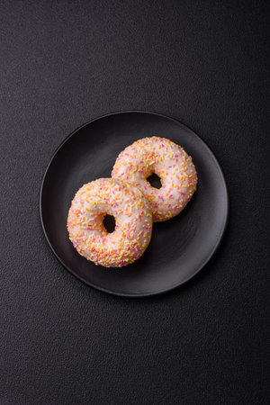 Delicious sweet bright donuts with cream on a plain background. Holiday table attributeの写真素材