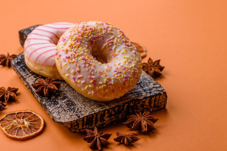 Delicious sweet bright donuts with cream on a plain background. Holiday table attributeの写真素材