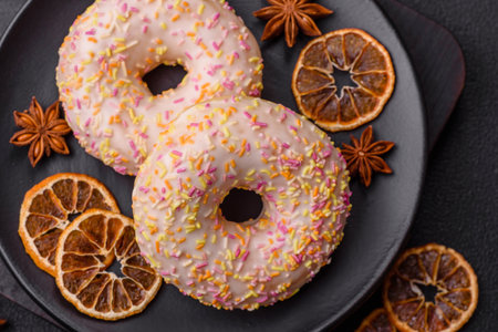 Delicious sweet bright donuts with cream on a plain background. Holiday table attributeの写真素材
