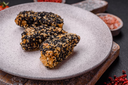 Delicious fresh crispy chicken or fish nuggets on a dark concrete background. Unhealthy food, fast foodの写真素材
