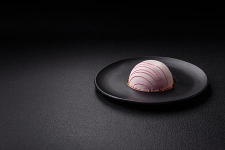 Delicious sweet colorful mochi desserts or ice cream with rice dough and toppings on a dark concrete backgroundの写真素材