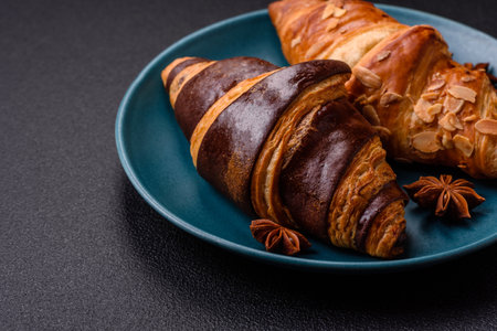 Delicious fresh, crispy French croissants with sweet filling on a dark concrete backgroundの写真素材