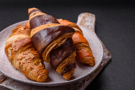 Delicious fresh, crispy French croissants with sweet filling on a dark concrete backgroundの写真素材