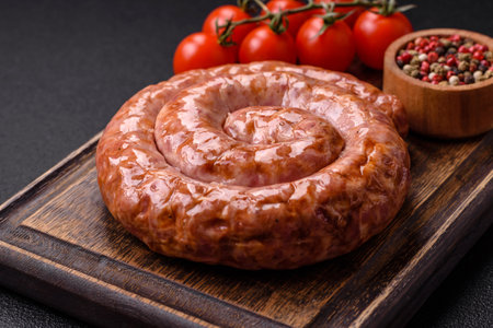 Delicious grilled sausage in the form of a ring with salt, spices and herbs on a dark concrete backgroundの写真素材