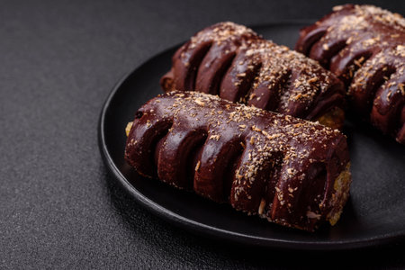 Delicious sweet chocolate cakes with fruit filling and sprinkles on a ceramic plate on a dark concrete backgroundの写真素材